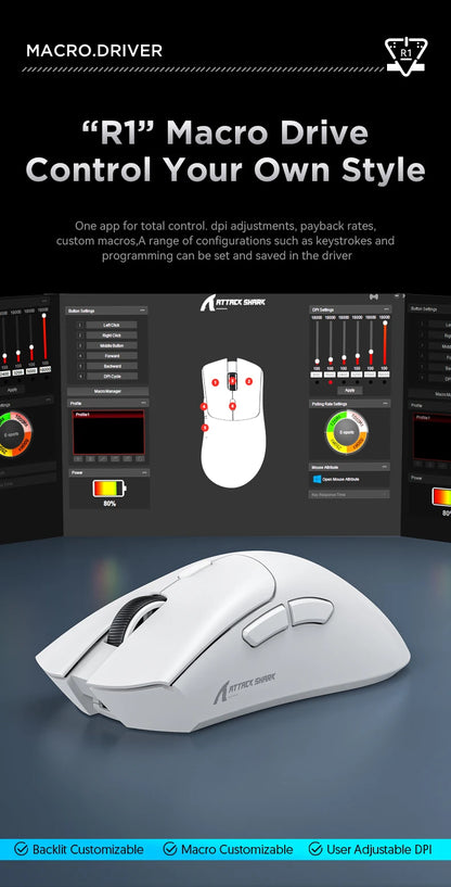 Attack Shark R1/X11 Tri-Mode Wireless Gaming Mouse, 18,000 DPI PAW3311 Bluetooth, 2.4GHz & Wired Lightweight Programmable Gaming Mouse for PC & Laptop