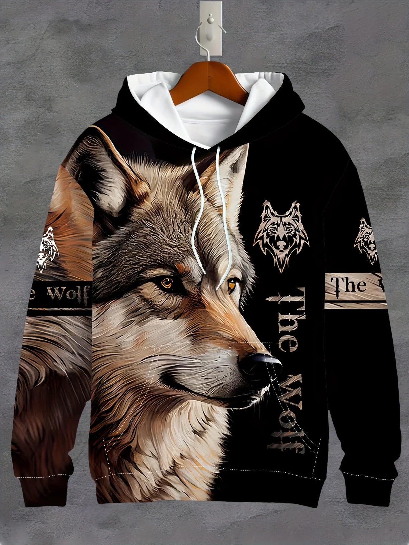 Men'S 3D White Wolf Print Hoodie, Casual Long Sleeve Pullover with Drawstring Pocket, 100% Polyester Slight Stretch Men Clothing