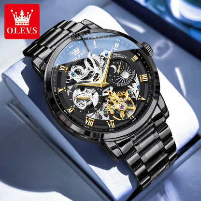 OLEVS 6670 Mens Watch Luxury Brand Skeleton Mechanical Watch Moon Phase Stainless Steel Watches For Man Gifts Box High Quality