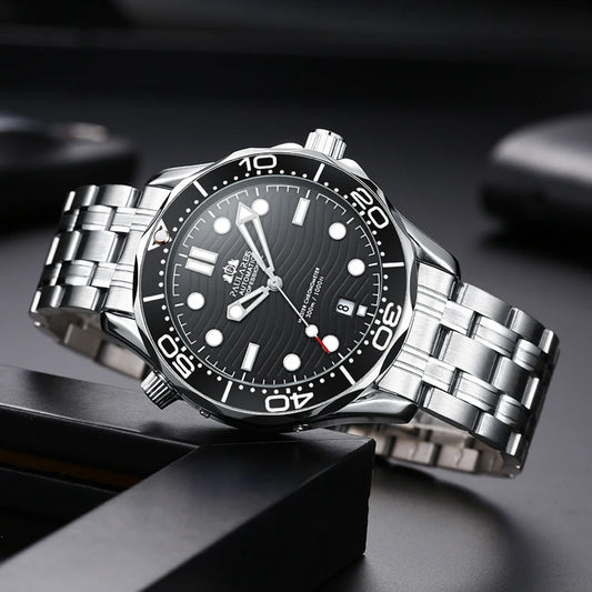 Automatic Mens Watch Mechanical Self Wind Movement Stainless Steel Casual Yellow Gold Silver Blue Master Wave Fashion Watches