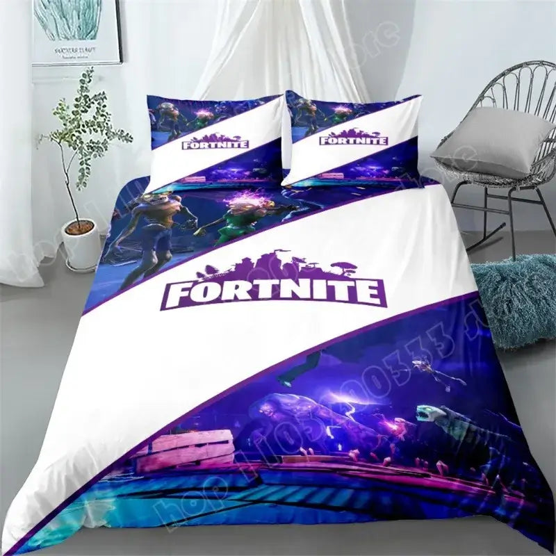 Set de lenjerie de pat Fortnite, 3 piese, imprimare 3D, lenjerii pentru dormitor, joc, desen animat, lenjerie decorativă, husă de pilotă, față de pernă, cadou de ziua de naștere