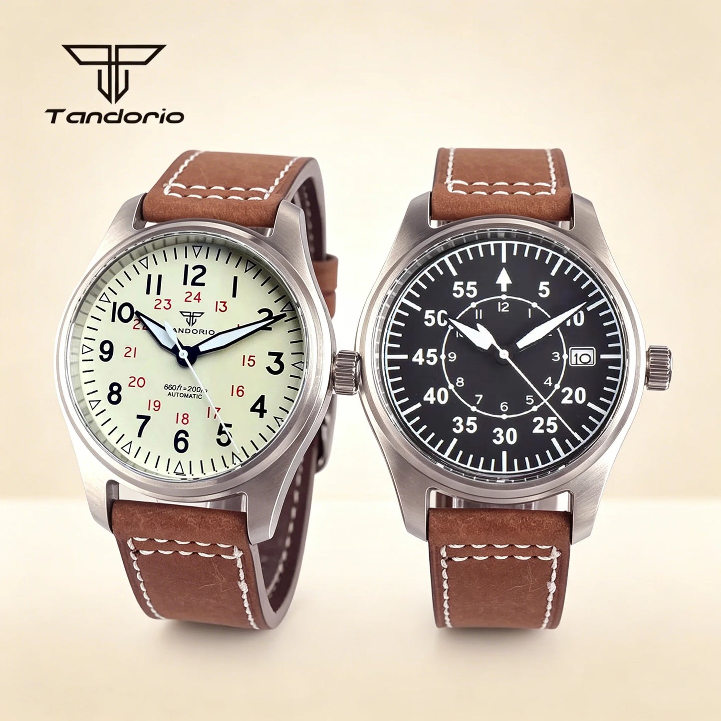 Tandorio 39mm Pilot Men's Diving Automatic Watch AR Sapphire Miyota8215/PT5000 Movt Mechanical Steel Wristwatch 20BAR Green Lume