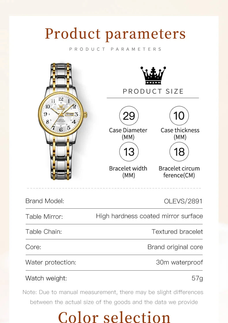 OLEVS 2891 Luxury Brand Fashion Women's Watches Waterproof Luminous Quartz Watch Dual Calendar Stainless Steel Strap Wristwatch