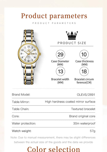 OLEVS 2891 Luxury Brand Fashion Women's Watches Waterproof Luminous Quartz Watch Dual Calendar Stainless Steel Strap Wristwatch