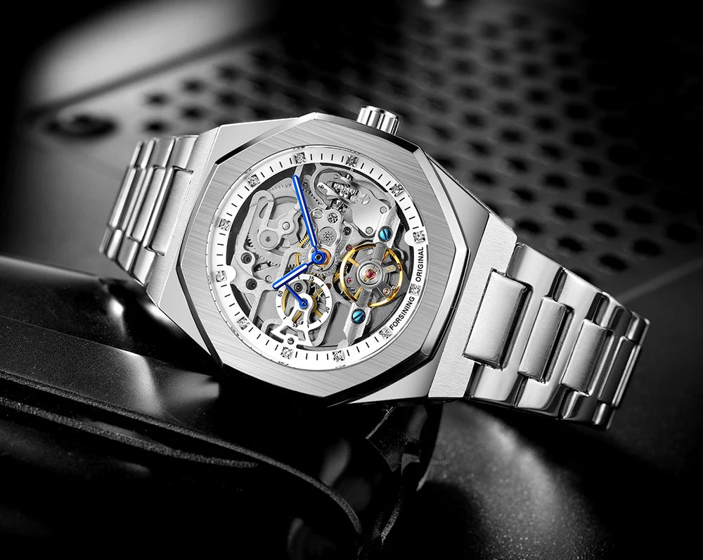 Forsining Tourbillon Skeleton Mechanical Watch for Men Luminous Hands Stainless Steel Strap Fashion Business Automatic Watches