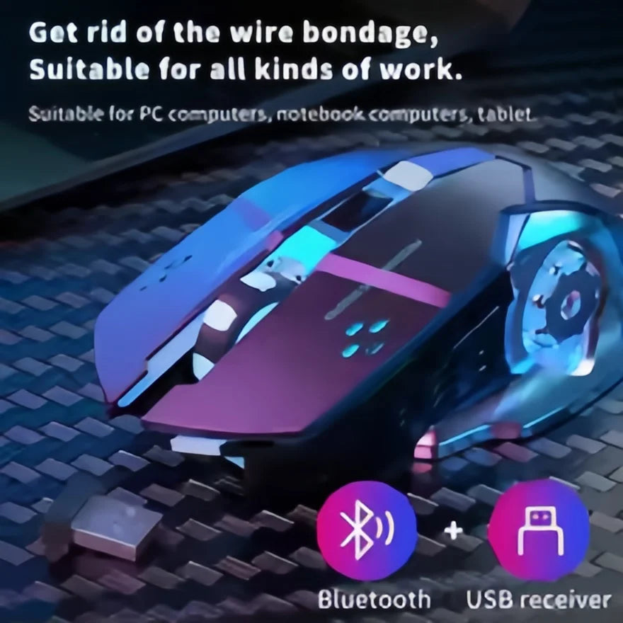 Rato Gaming Sem Fios Recarregável – Bluetooth/USB Silencioso, Retroiluminação RGB, E-Sports para PC