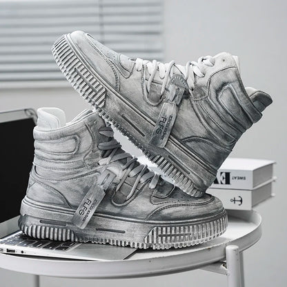 Autumn and winter high top men's shoes fashion trend retro gray children's and young men's parent-child shoes work sports and le