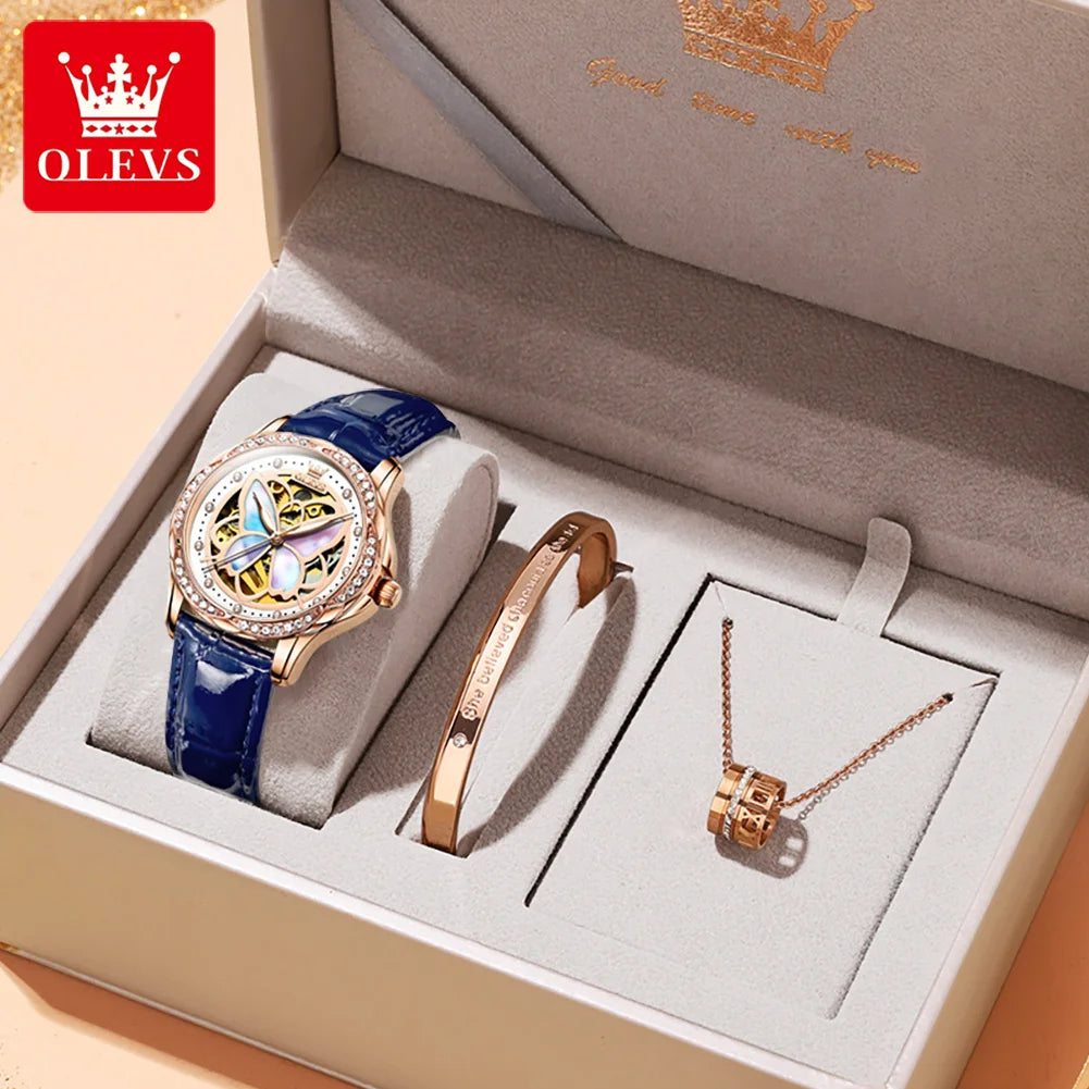 OLEVS 6615 Top Original Automatic Mechanical Wrist Watch for Women Luxury Elegant Diamond Hollow Colorful Butterfly Ladies Watch