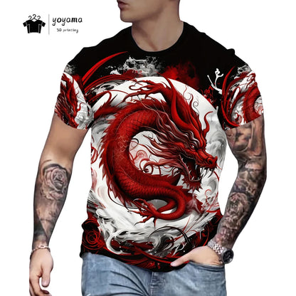 T-shirts för herr med drakmönster, kortärmad T-shirt, trendig streetwear-topp med O-ringning, djurmönster i 3D-tryck, lös och mångsidig herrklädsel