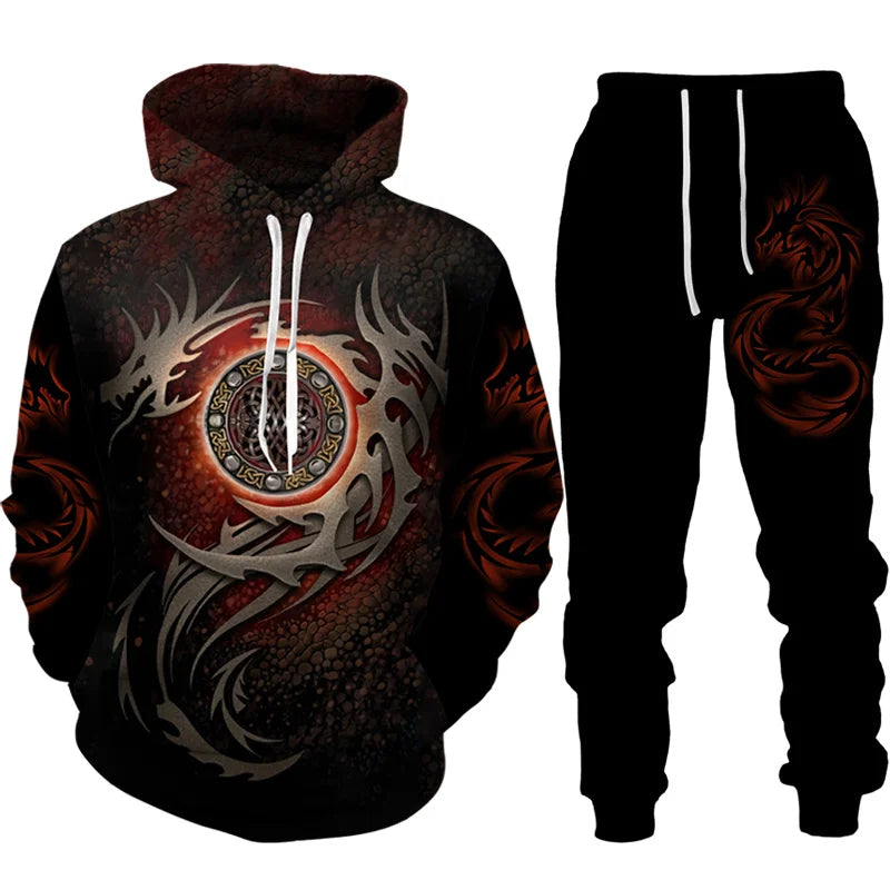 Conjunto de fato de treino para homem e mulher com estampado 3D de dragão retro tatuado, hoodie casual + calças, conjunto de 2 peças, sweatshirt oversized, moda masculina