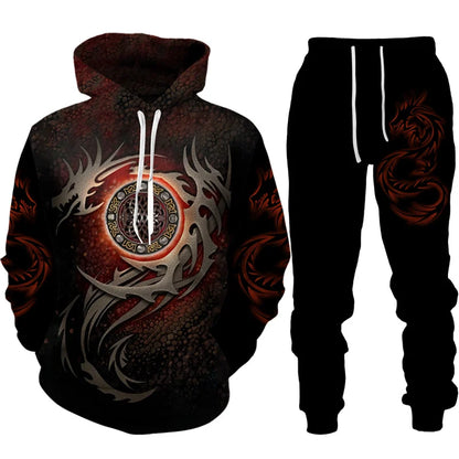 Conjunto de fato de treino para homem e mulher com estampado 3D de dragão retro tatuado, hoodie casual + calças, conjunto de 2 peças, sweatshirt oversized, moda masculina