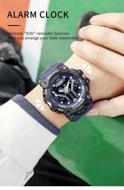 SMAEL 8075 Men's Analog Digital Dual Display Sport Watch - 50M Waterproof LED Backlight Dual Time Alarm Chronograph Stopwatch