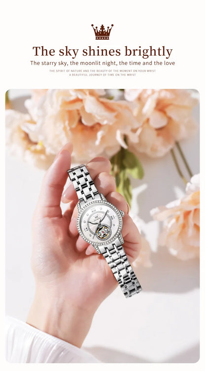 OLEVS Brand Fashion Women Mechanical Watches Starry Sky Dial Diamond Automatic Wristwatch Ladies Waterproof Luminous Clock Women