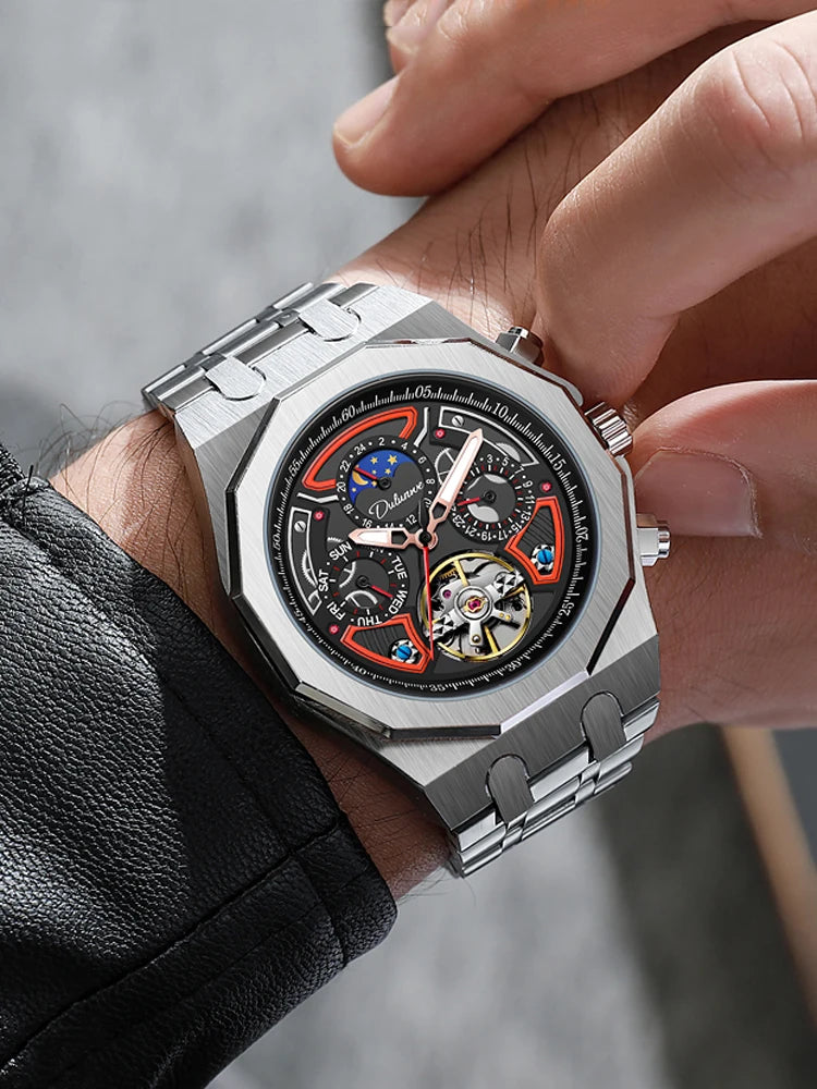 Top Brand Sport Watches with Tourbillon Stainless Steel Rubber Strap Multifunction Dial Automatic Watches Reloj Hombre New