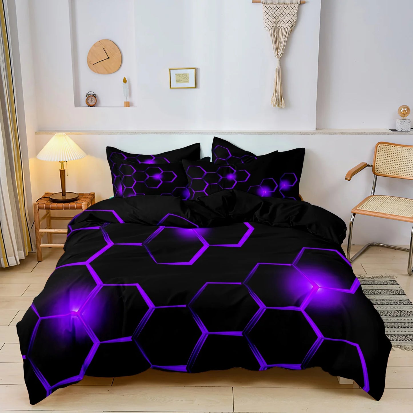 3pcs Geometric 3D Hexagonal Honeycomb Pattern Duvet Cover Set, Digital Print Colorful Polyester Bedding with Zipper Closure