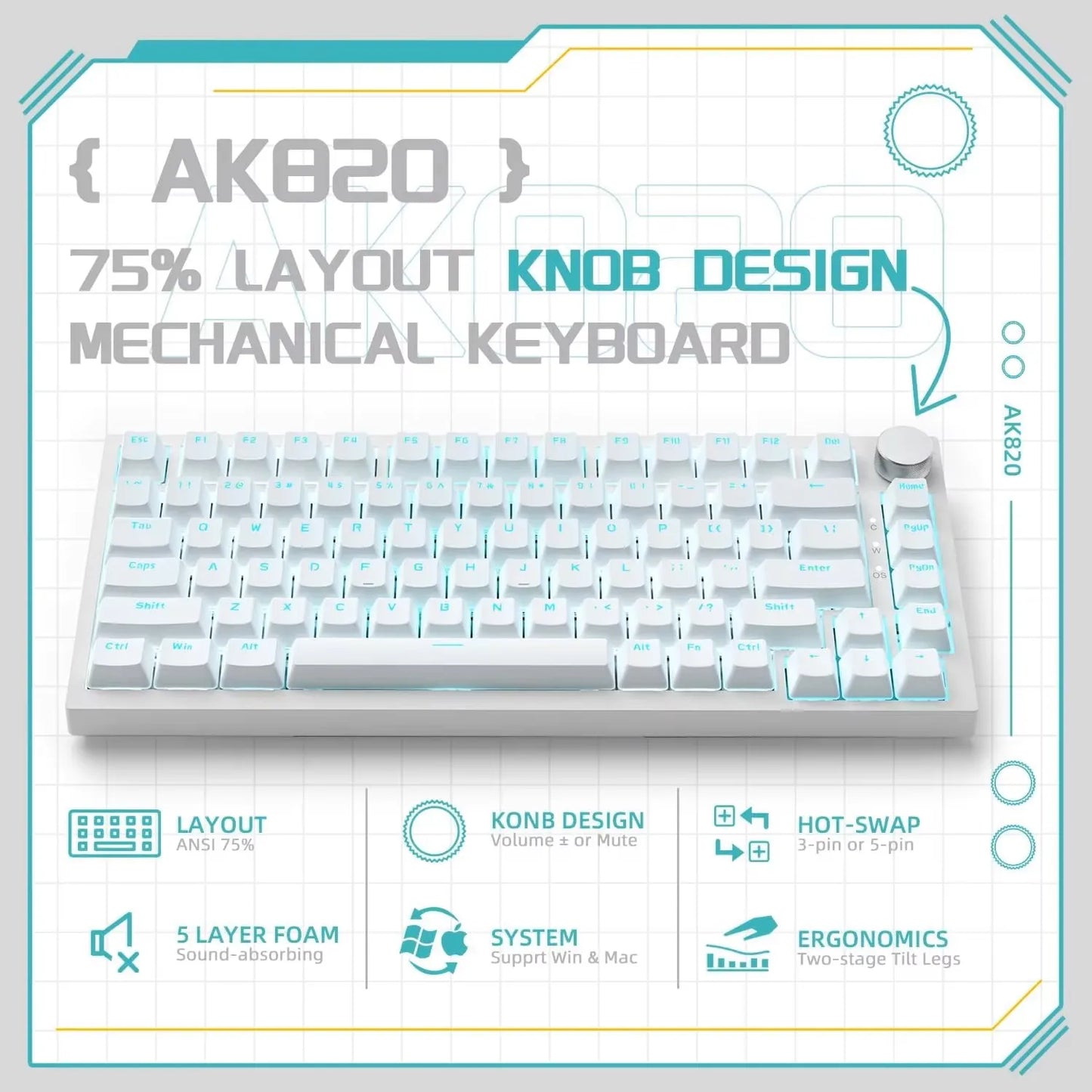 AK820 Wired Full-Key Hot-Swap Keyboard Removable USB Port White/Ice Blue Backlight Premium Sense Colorway