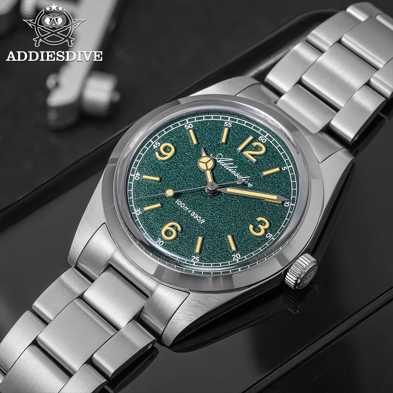 Relógio para homem ADDIESDIVE 36mm em destaque AD2518 com vidro espelhado convexo, aço inoxidável 316L, Reloj Hombre, 100m à prova de água, quartzo