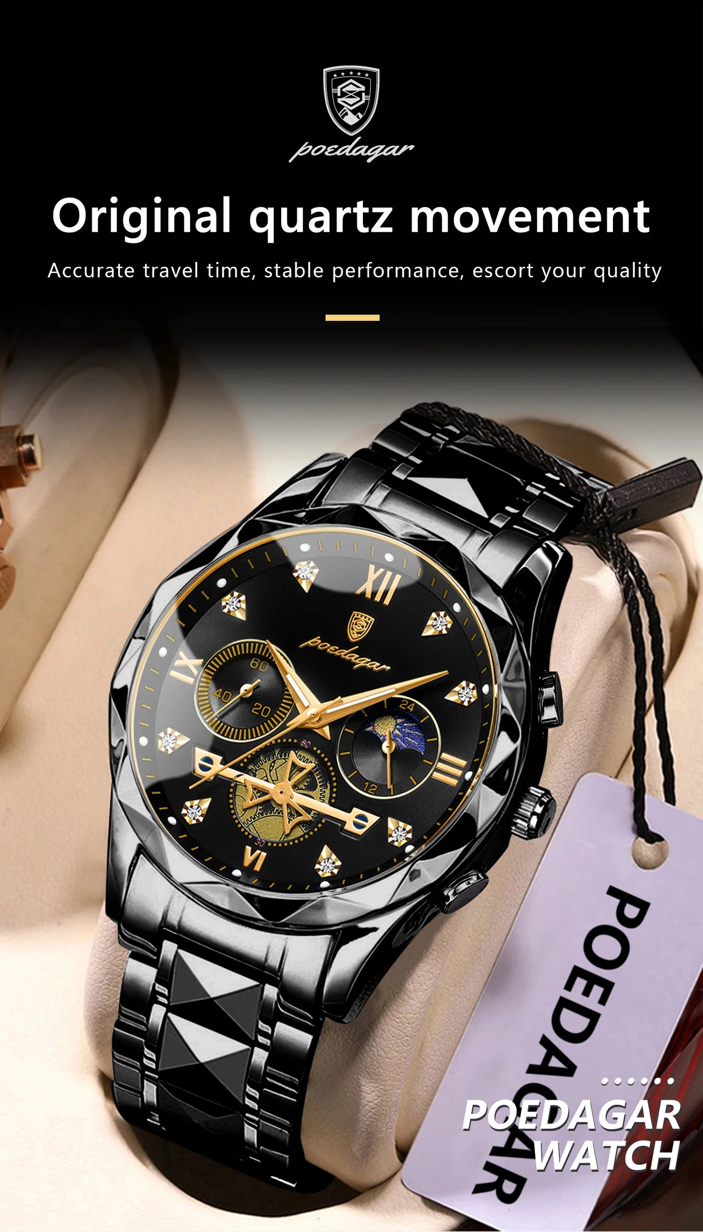 POEDAGAR Top High Quality Man Wristwatch Stainless Steel Chronograph Business Men Watch Waterproof Luminous Quartz Men's Watches