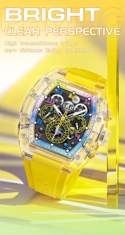 BONEST GATTI Automatic Watch Tonneau Mechanical Wristwatch K9 Crystal Case Rubber Strap Multi Dial Watches For Men