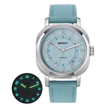 BERNY Mechanical Watch For Women Self-wind Pillow Cushion Sapphire Super Luminous Wristwatch Canvas Calendar Watch For Ladies