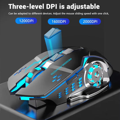Rato Gaming Mecha Sem Fios Bluetooth 2.4G USB Recarregável Silencioso com Retroiluminação — Rato Ergonómico para Escritório e Acessórios de Jogo