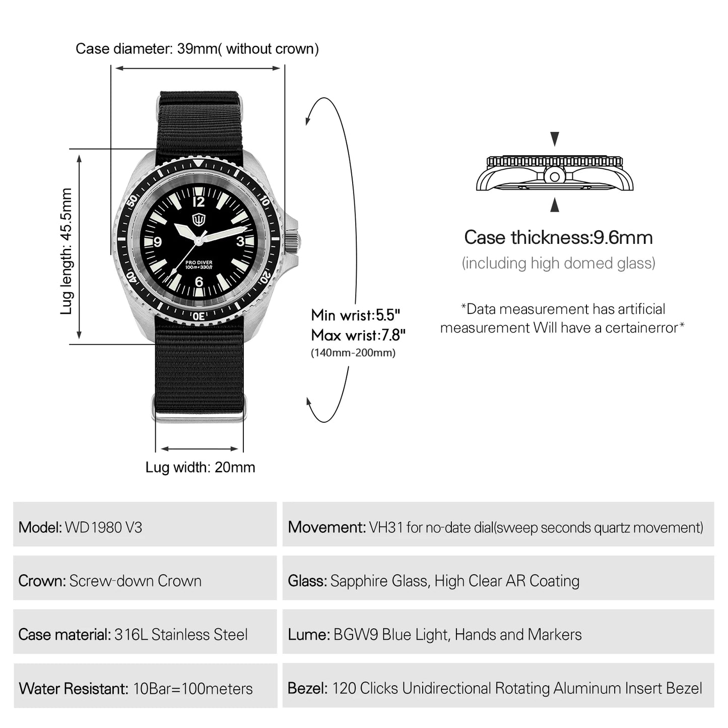 Relógio de Luxo Watchdives WD1980 V3 para Homem, Movimento de Quartzo VH31 com Segundos Fluentes, Vidro de Safira com Revestimento AR, Impermeável 10Bar