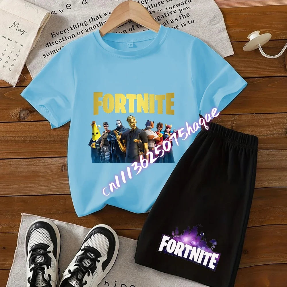 Conjunto infantil de verão Fortnite com t-shirt e calções anime, 2 peças, manga curta, algodão, casual, desportivo, presente