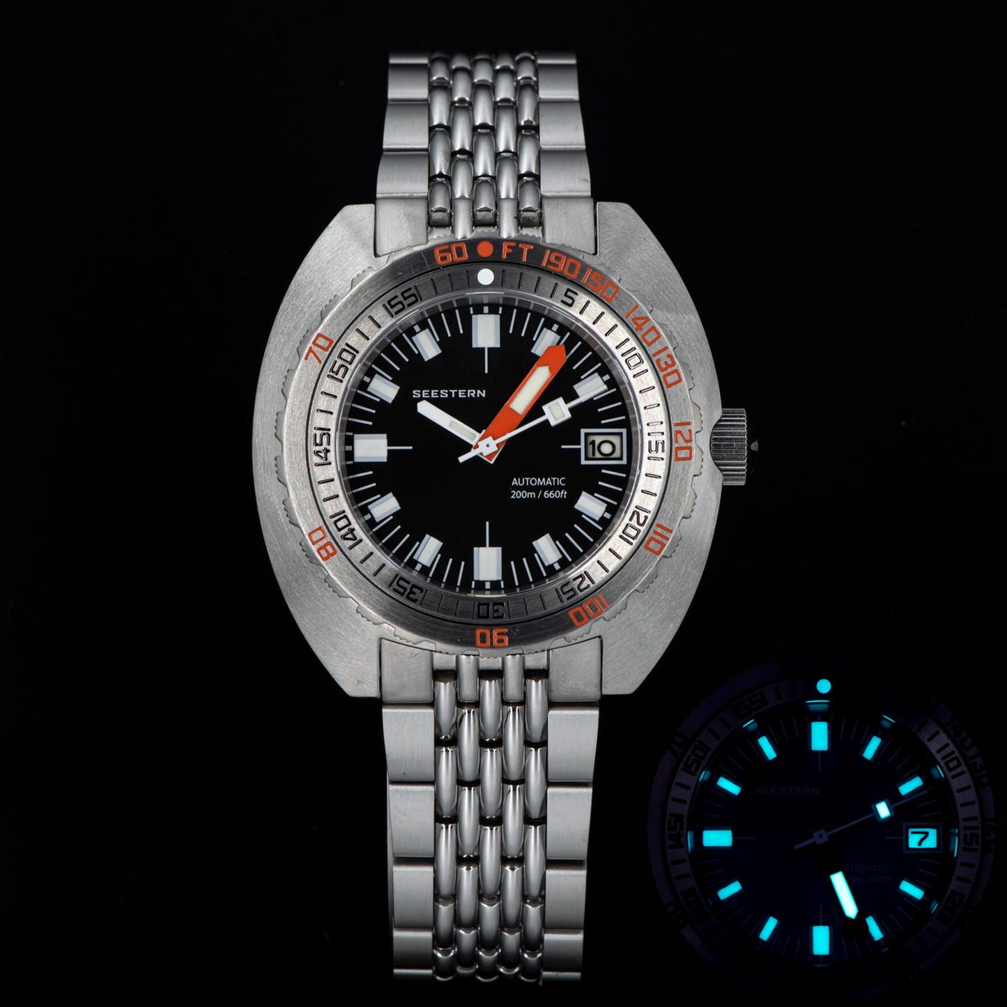 SEESTERN Men Diving Watch Automatic Luminous Date Waterproof Turn Bracelet Wristwatches Retro SUB300T Mechanical Sapphire Glass