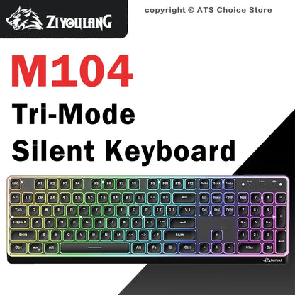 Freewolf M104 Tri-Mode Wireless Keyboard RGB 104 Keys Ultra Slim Quiet Membrane 4000mAh Large Battery for Office & Home
