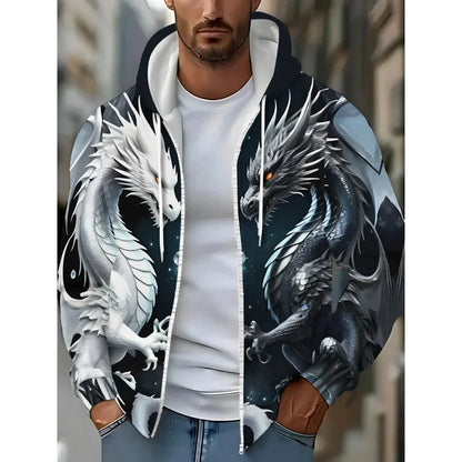 Mens Dragon Print Zipper Hoodie Outdoor Activities Travel Drawstring Long Sleeve Hoodies Autumn Winter Oversize Man Sweatshirts
