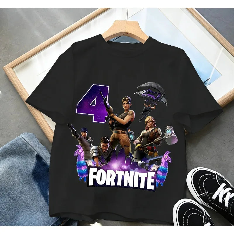 T-shirt de aniversário infantil Fortnites com número para menina e menino, roupa de verão em algodão para bebé, top de manga curta para festa, presente para criança pequena