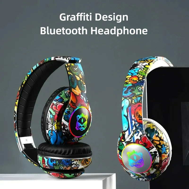 Auscultadores Gaming Bluetooth Sem Fios New Graffiti LX-8686 com Microfone, Iluminação LED, Suporte para Cartão TF, Graves Profundos e Design Over-Ear para PC, Gaming e Crianças