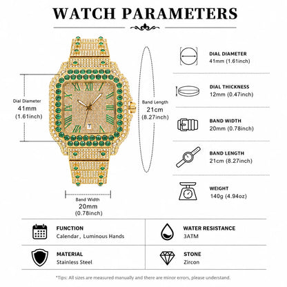 Gold Watch For Men Hip Hop Luxury Green Diamond Quartz Watches Fashion Iced Jewelry Clock Dropshipping