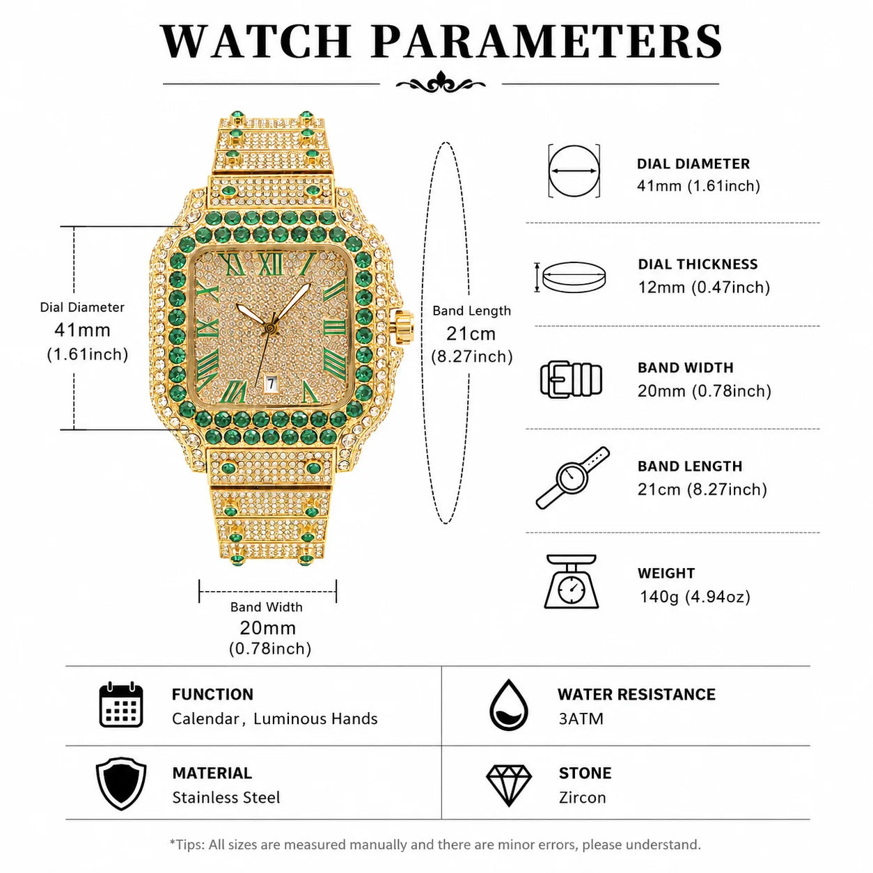 Gold Watch For Men Hip Hop Luxury Green Diamond Quartz Watches Fashion Iced Jewelry Clock Dropshipping