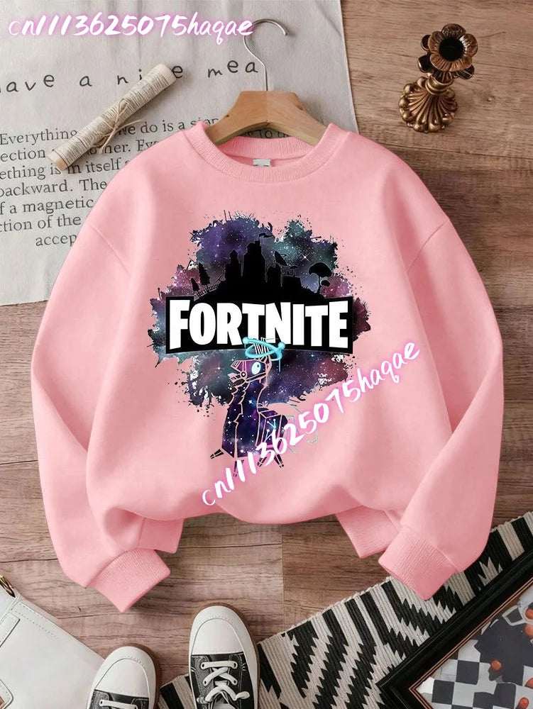 Sweat-shirts Fortnite novos para criança, hoodie com estampado de personagens de jogo em estilo cartoon, tops casuais de outono para criança, roupa de inverno para bebé menino