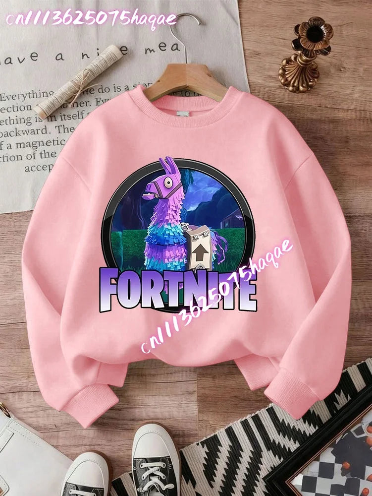 Sweat-shirts Fortnite novos para criança, hoodie com estampado de personagens de jogo em estilo cartoon, tops casuais de outono para criança, roupa de inverno para bebé menino