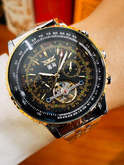 Jaragar Military Sports Automatic Watch for Men Multifunction Dial Tourbillon Skeleton Mechanical Watches Luxury Steel Band Glow