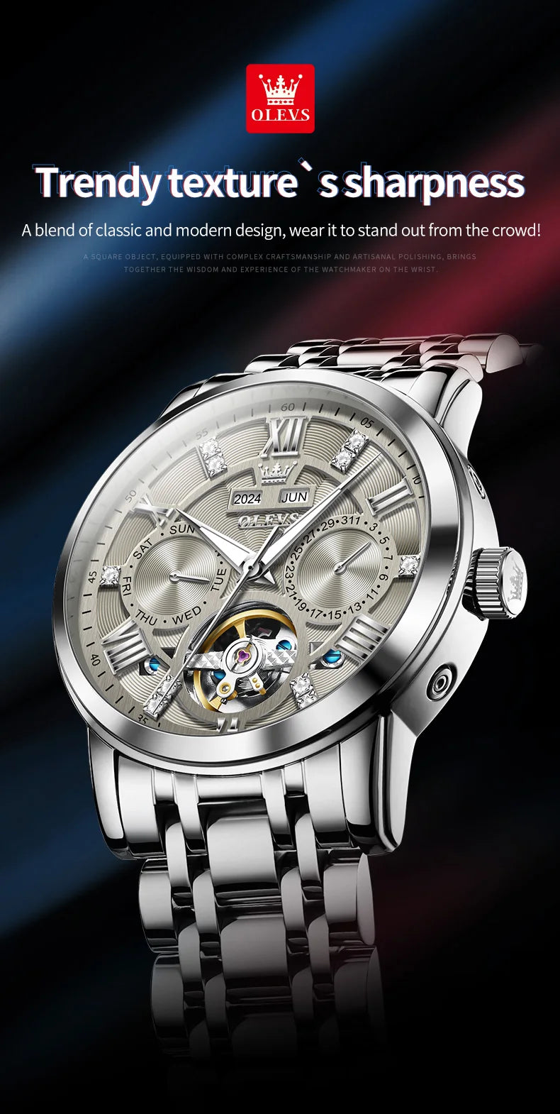 OLEVS 6701 Men's Watch Luxury Waterproof Auto Date Mechanical Watch For Men Hollow Skeleton Diamond Wristwatch Luminous Clock