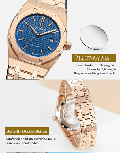 OBLVLO TM-ASP Luxury Men's Watch 41mm Blue Dial Rose Gold Automatic Luminous Waterproof Mechanical Casual Business Watch