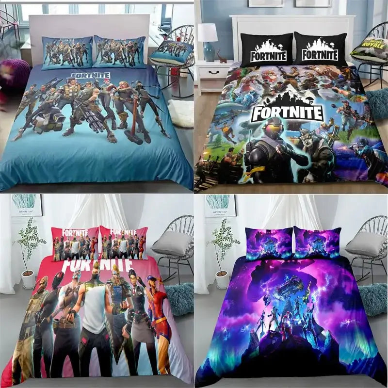 Set de lenjerie de pat Fortnite, 3 piese, imprimare 3D, lenjerii pentru dormitor, joc, desen animat, lenjerie decorativă, husă de pilotă, față de pernă, cadou de ziua de naștere