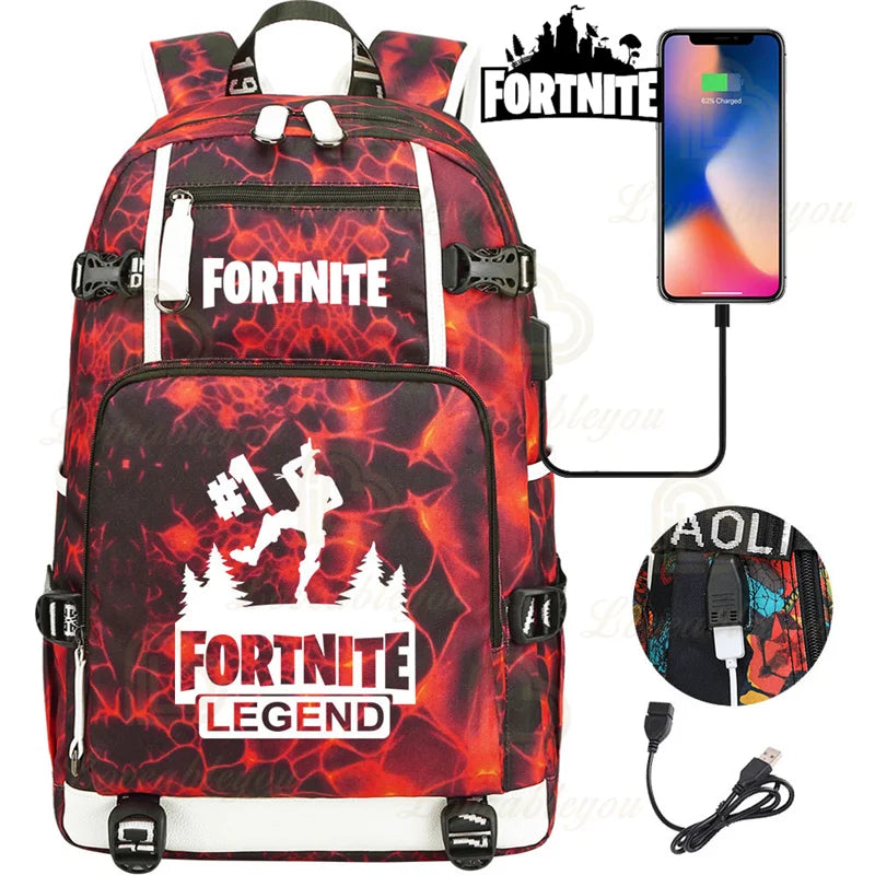 Mochila Yule Trooper F-Fortnited Battle Royale com carregamento USB, figuras anime e compartimento para material escolar para estudantes
