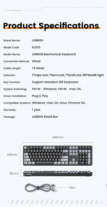 Teclado Mecânico UGREEN 108 Teclas PBT Teclado com Fio Switch Red Russo/Coreano/EN para Desktop Portátil Windows Mac OS Gaming