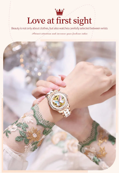 OLEVS 6615 Top Original Automatic Mechanical Wrist Watch for Women Luxury Elegant Diamond Hollow Colorful Butterfly Ladies Watch