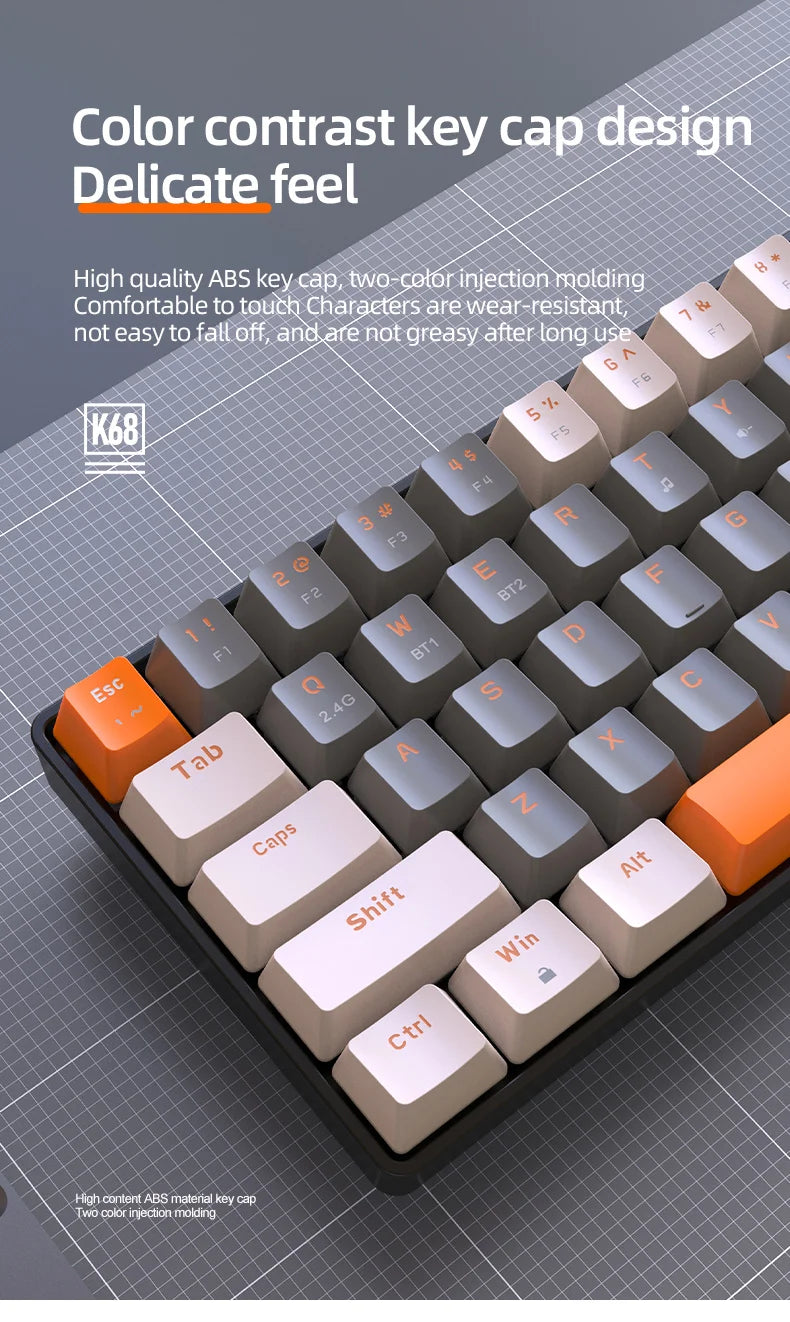 FREEWOLF K68 Mechanical Keyboard, Bluetooth Wireless, Blue and Red Switches, Hot-swap, Small Size Mini Keyboard