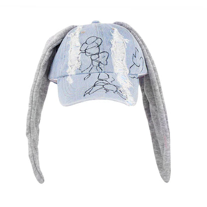 New MinJi Haerin OMG Stage Long Rabbit Ear Hat Y2K Style Denim Blue Baseball Cap Fashion Hip-Pop Cap Couple Birthday Gifts