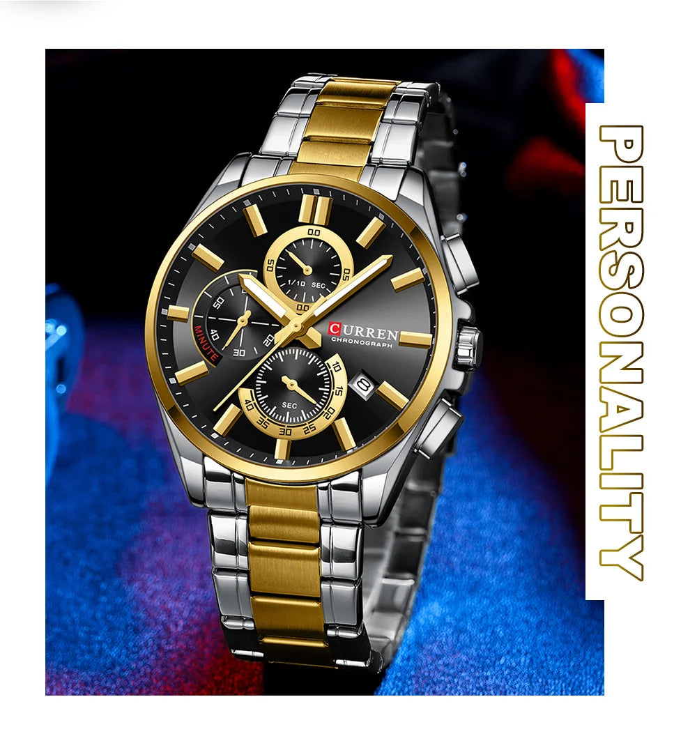 CURREN Men's Stainless Steel Chronograph Watches with Luminous Hands,Triple Sub-Dials Auto Date Fashion Design Quartz Wristwatch