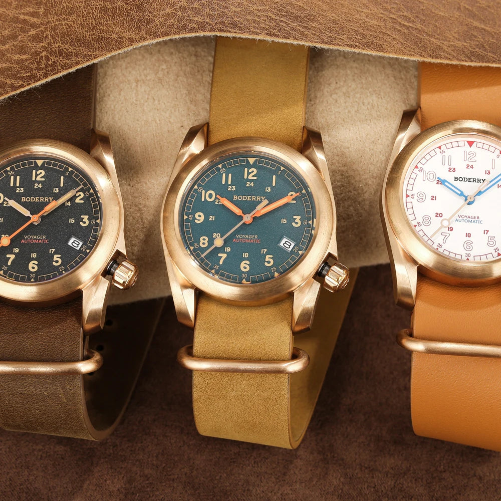 Boderry VOYAGER Field Watches Bronze Case Automatic For Seiko NH35 Watch 100M Waterproof Clock Military Vintage Wristwatch Mens