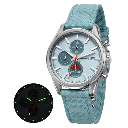 BERNY Chronograph Watch for Men/Women 37mm Dial Woven Fabric Sapphire AR Coated 5ATM Fashion Sport Calendar 316L Couple Watch