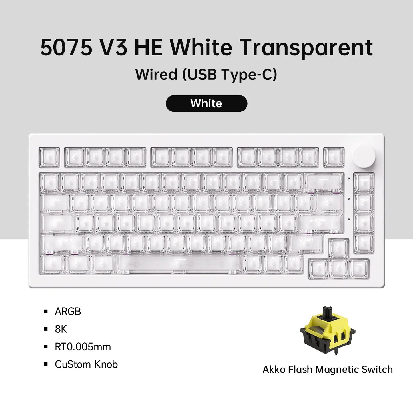 Teclado Magnético Akko 5075 V3 HE 75% — Teclado Mecânico Gaming Personalizado, Rapid Trigger 0.005mm, Taxa de Polling 8K, ARGB