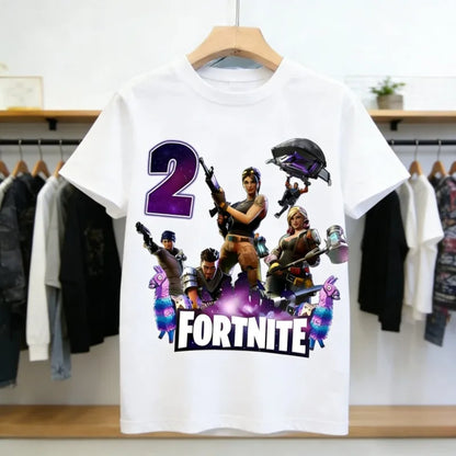 T-shirt de aniversário infantil Fortnites com número para menina e menino, roupa de verão em algodão para bebé, top de manga curta para festa, presente para criança pequena